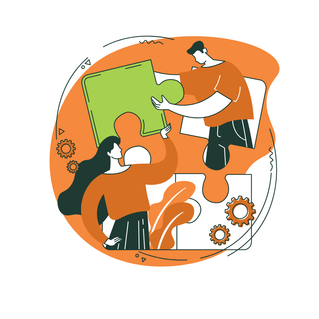 Graphic of two people connecting puzzle pieces with gears surrounding them, symbolizing collaboration