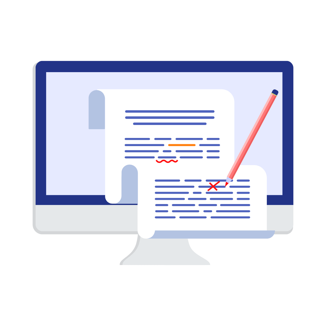 Graphic of a computer screen with a document and a pen, with some sections of the document circled or highlighted, symbolizing editing.