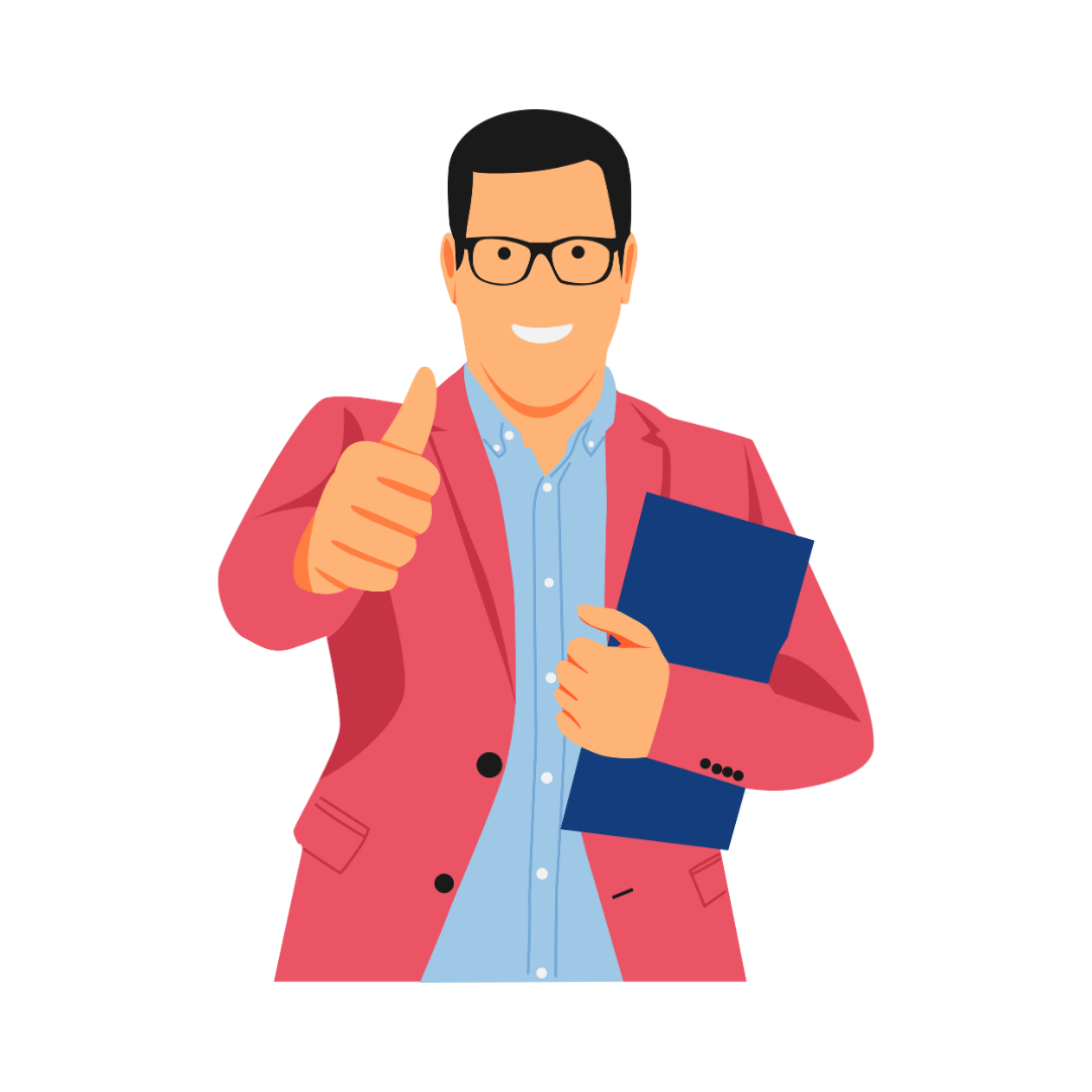 Graphic of a professional man in glasses holding a book and giving a thumbs up.